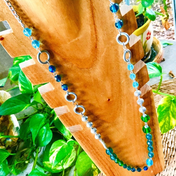 Vintage Glass/Crystal/Metal Beaded Necklace STEPHAN & CO UNIQUE 1980s BLUE-GREEN - Picture 1 of 10